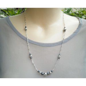 Vintage Snowflake Obsidian Beads 925 Sterling Silver 25.5” Figaro Link Necklace
